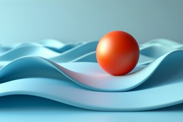 Wall Mural - a 3d rendered image featuring an isolated red sphere on a wavy blue surface, illustrating contrast a