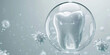 Tooth in a protective glass bubble with bacteria flying around on a white background. Oral hygiene product advertising banner mockup.