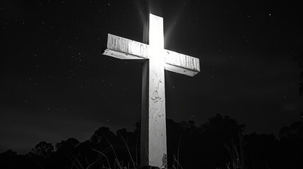 Wall Mural - bright white shining cross, black background,, copy and text space, 16:9