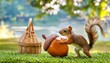 a cartoon art style image of a mischievous squirrel stealing an oversized acorn from a picnic basket