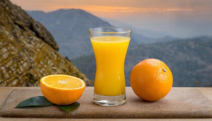 Sticker - a refreshing glass of vibrant orange juice beside a ripe orange fruit