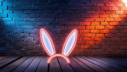 Wall Mural - funny neon easter bunny with ears on wall background happy easter concept horizontal background