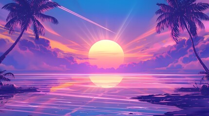 Wall Mural - Tropical sunset over the ocean with palm trees and colorful clouds. Retro-futuristic digital art with synthwave style. Sunset and beach scene concept for poster and print.