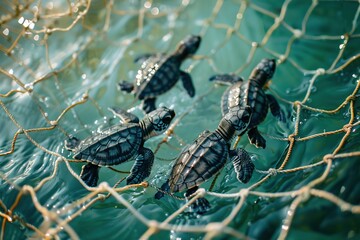 Wall Mural - Baby turtles entangled in a fishing net