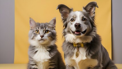 Wall Mural - On a yellow backdrop, a happy-looking border collie dog and a grey-striped tabby cat