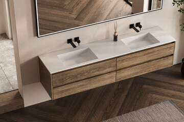 Wall Mural - Close up of double basin with mirrors standing in on gray wall , wooden cabinet with faucets in minimalist bathroom