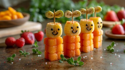 Wall Mural - Playful bee-shaped fruit skewers, featuring juicy melon bodies and banana wings, offering a sweet and refreshing snack that's perfect for buzzing around on sunny days