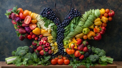 Wall Mural - Vibrant butterfly-shaped vegetable platter, featuring a rainbow of crunchy veggies arranged to mimic delicate wings, encouraging healthy eating with a touch of magic