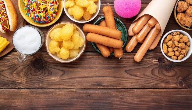 carnival theme food table scene over a dark wood banner background top down view summer fair concept corn dogs funnel cake cotton candy and snacks