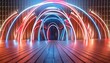 3d render abstract futuristic neon background rounded red blue lines glowing against a backdrop of metal strips ultraviolet spectrum cyber space