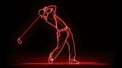 The neon red outline of a man who plays golf and swings a club to hit the ball