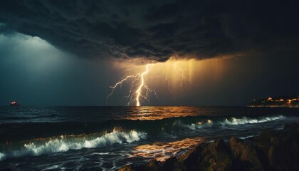 Wall Mural - lightning storm over black sea