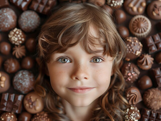 Children with beautiful eyes surrounded by various types chocolates. Child delight sweets concept