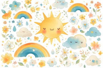 Wall Mural - Cute pastel watercolor illustration of sun, clouds and rainbow pattern background