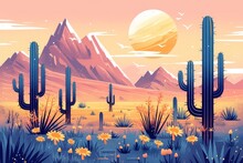 Old Western Desert Scene With Cacti, Mountains And Rocks In The Background