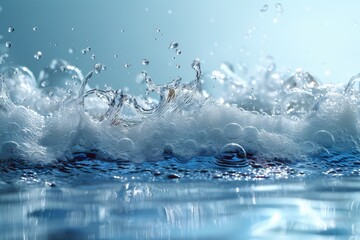 Wall Mural - Close-up shot of water splash with sharp details of droplets mid-air against a blue backdrop