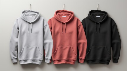 Wall Mural - Three hoodies hanging on a rack, one is gray, one is red, and one is black