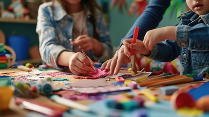 A family enjoys quality time together, engaging in arts and crafts at a colorful and messy home workstation, fostering creativity. AIG41