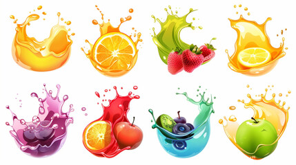 Juice splatter and splashes. Cartoon colorful squirt liquid. Abstract juicy splash, shape, spiral, waves. Fresh fruit juice, organic lemonade, citrus drinks. Vector set 3D avatars set vector icon, whi