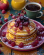 Pfannkuchen mit Himbeeren / Frühstück mit Pancakes und Kaffee / Frische Eierkuchen / Pfannkuchen Poster / Leckere Eierkuchen Wallpaper / Ai-Ki generiert
