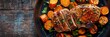 Honey mustard glazed pork chops with roasted carrots, top view horizontal food banner with copy space