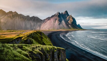 Wall Mural - majestic summer scene of stokksnes headland with vestrahorn batman mountain on background unbelievable evening view of iceland europe beauty of nature concept background