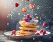 Pancakes mit Beeren / Frische Eierkuchen mit Früchten / Pfannkuchen Wallpaper / Leckere Pfannkuchen Poster / Pancakes Wallpaper / Ai-Ki generiert