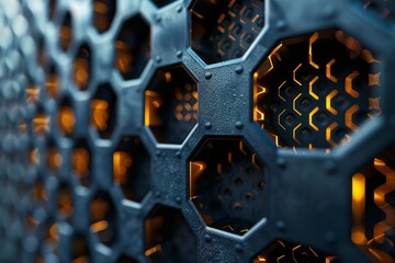 Canvas Print - Close-up of a dark hexagon mesh with illuminated electronic circuit design, conveying a sense of technology and innovation