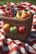 A playful digital illustration of a picnic basket overflowing with fresh fruits and a checkered red and white blanket