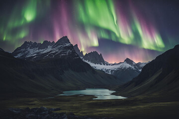 Wall Mural - Northern lights glowing behind rugged mountain peaks, creating a breathtaking natural spectacle