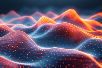 Wall Mural - vivid depiction of glowing abstract waves combining warm reds and cooler blue hues