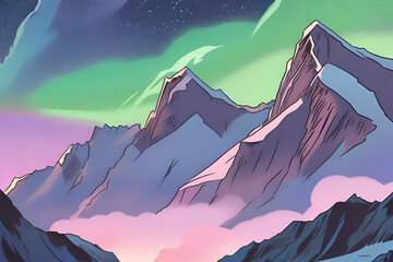 Wall Mural - Northern lights glowing behind rugged mountain peaks, creating a breathtaking natural spectacle, Illustration, Animation