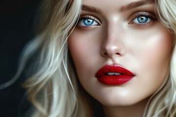  Close-up of a beautiful woman with vibrant blue eyes and red lipstick on a dark background