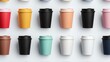 A row of colorful coffee cups are lined up on a white background
