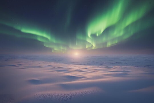 Northern lights illuminating the vast expanse of the Arctic tundra, with endless plains stretching to the horizon