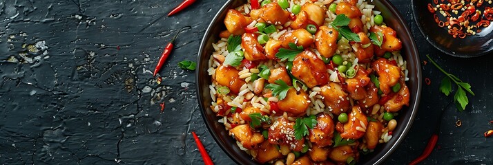 Wall Mural - Orange chicken with fried rice, top view horizontal food banner with copy space