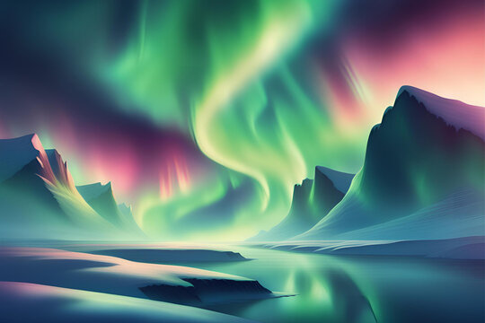 Northern lights illuminating the vast expanse of the Arctic tundra, with endless plains stretching to the horizon, Animation, Illustration