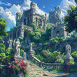 video game illustration of a castle garden with angel statues, castle garden
