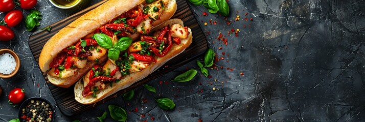 Wall Mural - Pesto chicken panini with sun-dried tomatoes, top view horizontal food banner with copy space