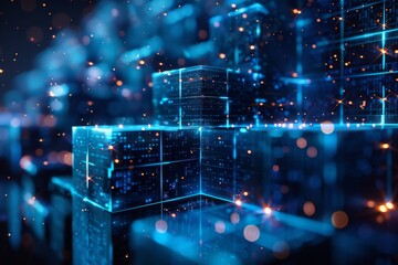 an intricate blockchain network made from blue illuminated cubes, portraying advanced digital techno