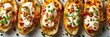 Potato skins with bacon, cheddar cheese, and sour cream, top view horizontal food banner with copy space