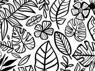 Wall Mural - A black and white drawing of various leaves and flowers. Doodle and cartoon style. 