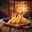 Realistic photo of typical Japanese food Tempura, Japanese restaurant background