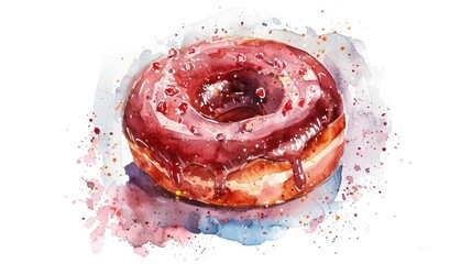 Poster - An artistic watercolor painting of a chocolate donut stands out as a delightful dessert illustration set against a crisp white backdrop This sweet creation is a perfect fit for special occa