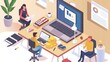 © K-MookPan - isometric illustration of a workplace with three people working at their desks
