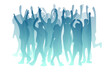 Silhouettes of unrecognizable people holding hands up and having fun. Amazing music performance. Cheerful crowd of people cheering applause. Party disco, concert, sport. Happy Fans vector illustration