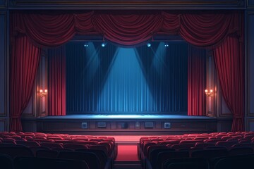 Poster - movie theater with red velvet seats, movie light beam shining down the middle of the row, cinematic