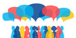 Men and women group, speech bubble talk. People crowd voice, blogger panel. Message noise, Network Connect Idea. Vector Abstract Background. Social Media communication, discussion, teamwork concept.