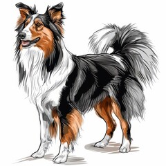 Adorable black tricolor fluffy collie dog in cartoon style on white background