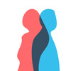 Love, relationship man, woman silhouette together. Couple close up Illustration. Happiness expression, two partner. Sex, marriage, romance wedding concept. Romantic blue and red spirit abstract vector